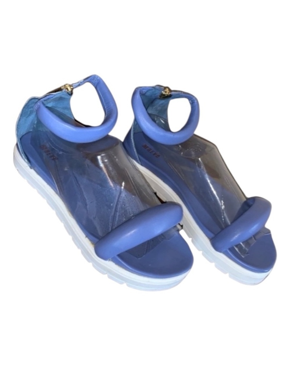 Maeve Anthro sandals women's 39, Sky blue leather, puffy, zip back, platform EUC